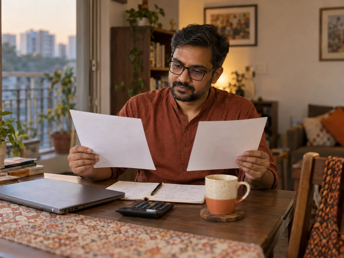 Experienced Indian professional comparing two job offers at home